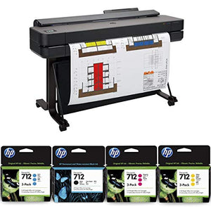 HP DesignJet T650 Large Format Printer, 36" Color Inkjet Plotter, Wireless, Bundle 712 3X 29ml Cyan/ 3X 712 29ml Magenta 3X 712 29ml Yellow 712 80ml Black Ink Cartridges