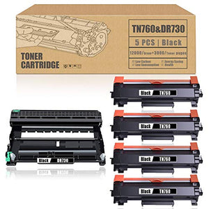 4 Pack TN760 Toner & 1 Pack DR730 Drum Compatible Replacement for Brother HL-L2350DW HL-L2370DW/DWXL HL-L2390DW HL-L2395DW DCP-L2550DW MFC-L2710DW MFC-L2750DW MFC-L2750DWXL Printer [5 Pack,Black] 