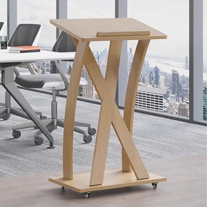 WEOBNAQ Wooden Podium Stand, Height 38IN Pulpits for Churches, Portable Lectern Podium Stand with Casters - Oak Color