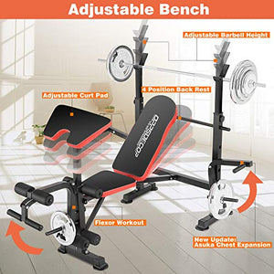 OppsDecor 330lbs Adjustable Olympic Weight Bench Press with Preacher Curl & Leg Developer Multi-Function Strength Training Exercise Equipment for Home Gym Full-Body Workout (Deepred)