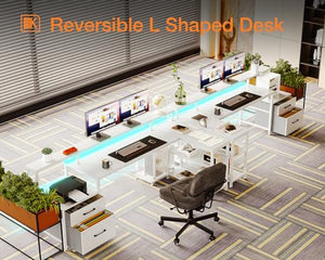 ODK L Shaped Desk with File Drawer, 75" Reversible Computer Desk, Power Outlet, LED Strip, Storage Shelves, Monitor Shelf - White
