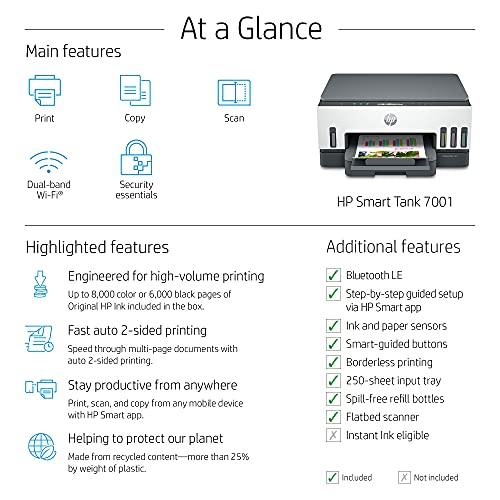 HP Smart Tank 7001 Wireless All-in-One Cartridge-free Ink Tank Printer, up to 2 years of ink included, mobile print, scan, copy (28B49A)
