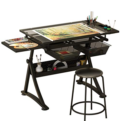 Lgan Tiltable Drawing Table, Adjustable Art Desk, with Storage Craft Table, Drafting Table Glass Panel, Child Adult Drawing Desk