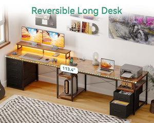 AODK 66" L Shaped Computer Desk with File Cabinet, Drawers, LED Lights, and Power Outlet