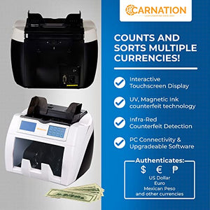 Carnation CR2 Money Counter with Counterfeit Bill Detection - Touchscreen - Scan Bills Using Ultraviolet, Magnetic Ink, IR Technology - Multi-Currency Checker, Counts Up to 1500 Bills per Minute