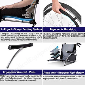 Karman Healthcare S-Ergo 125 Ergonomic Wheelchair, 16" Seat Width, Silver Frame, Navy Blue Medical Utility Bag