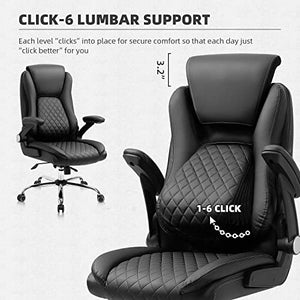 YAMASORO Executive Office Chair with Flip-up Armrests - Adjustable Headrest, Tilt, and Lumbar Support - Black Bonded Leather