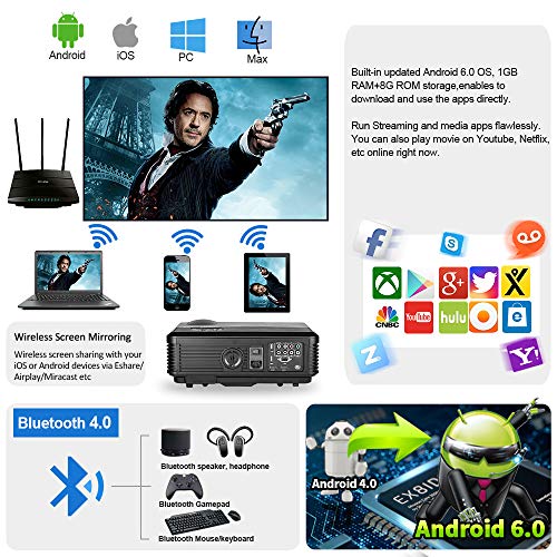 Bluetooth Wireless Projector WiFi 4400 Lumens Support 1080P Smart Android Video Projector Zoom LCD LED Home Theater HD Outdoor Movie Airplay HDMI USB RCA VGA AV for Smartphone DVD Game Consoles Laptop