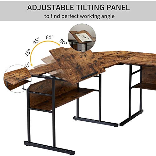 UNI FAM Home Office L-Shaped Desk with Bottom Bookshelves and CPU Stand, Multi-Function Drafting Drawing Table with Tiltable Desktop for Artist or Student/67 inch（Brown）