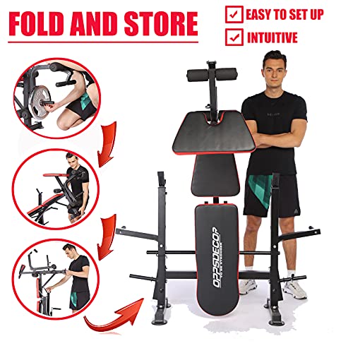 Olympic Weight Bench Adjustable Workout Bench Multifunctional Workout Station with Preacher Curl, Leg Developer for Indoor Exercise (Red)