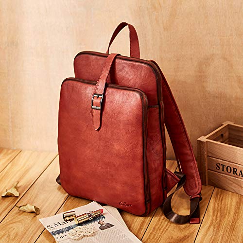 Womens Backpack Purse Vegetable Tanned Full Grain Leather 15.6 Inch Laptop Travel Business Vintage Large Shoulder Bag Reddish Brown