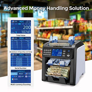MUNBYN Dual Money Counter Machine Mixed Denomination and Sorter, Sort on DENOM/FACE/ORI, Value Counting, Counterfeit Detection 2 CIS/UV/MG/IR, Print Enabled, Mixed Bill Counter for Business, Bank