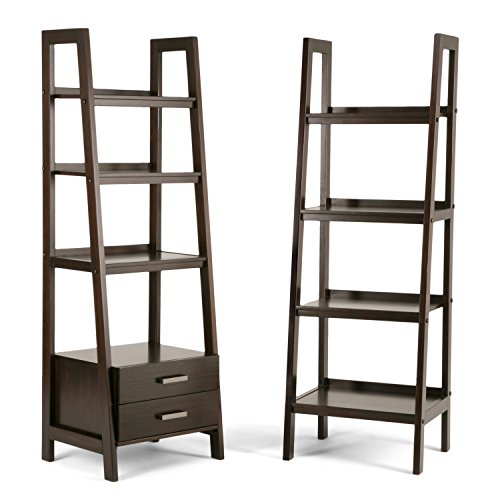 Simpli Home 3AXCSAW-06-BR Sawhorse Solid Wood 72 inch x 24 inch Modern Industrial Ladder Shelf with Storage in Dark Chestnut Brown