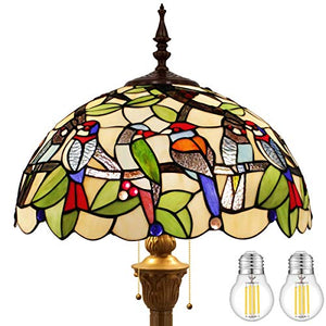 WERFACTORY Tiffany Floor Lamp Double Birds Amber Stained Glass 16X16X64 Inches Antique Pole Corner Lamp - S805 Series