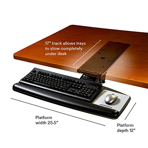 3M Keyboard Tray, Simply Turn Knob to Adjust Height and Tilt, Sturdy Tray Includes Gel Wrist Rest and Precise Mouse Pad, Swivels Side to Side and Stores Under Desk, 17" Track, Black (AKT60LE)