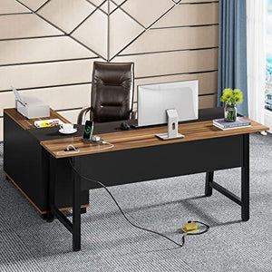 Tribesigns Extra Large L-Shaped Executive Desk with Power Outlet, File Cabinet, and Printer Stand