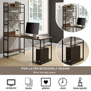 Modern Luxe L-Shaped Corner with Bookshelf 2-Pieces Computer PC Table Set Home Office Desk with Shelves, Brown