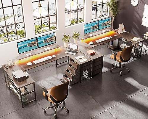ODK U Shaped Desk with Power Outlets & LED Strip, 66" Reversible L Shaped Desk, Grey Oak