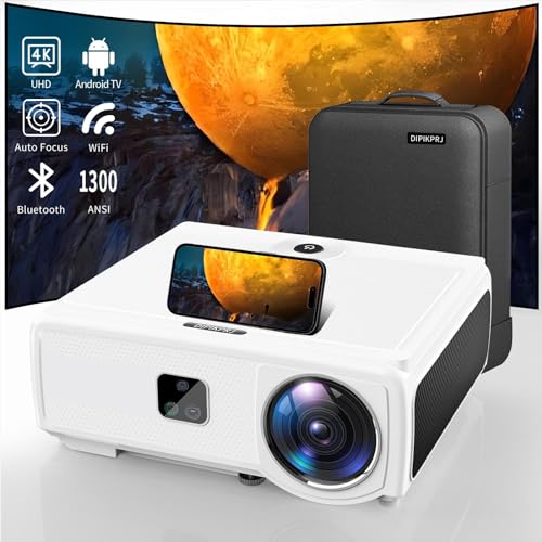 DIPIKPRJ 4K Android TV Projector with Auto Focus & Keystone, Prime Video Built-in, 1300 Ansi Lumens, WiFi 6, Bluetooth, 50% Zoom, 500" Display, Dust-Proof