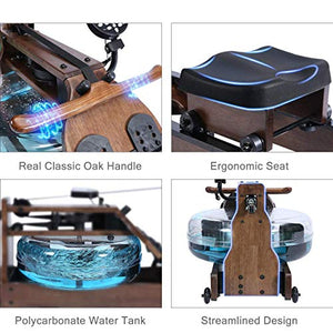 TRUNK Foldable Water Rowing Machine for Home Fitness, Classic Wood Water Rower with LCD Monitor Whole Body Exercise Cardio Training (Included an Dust Cover and Phone Holder)