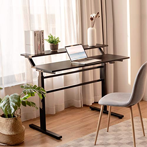 Tangkula Standing Desk, 2-Tier Height Adjustable Sit to Standing Desk, Computer Desk Workstation with Monitor Stand & Foldable Crank Handle, Ergonomic Home Office Desk (Black)