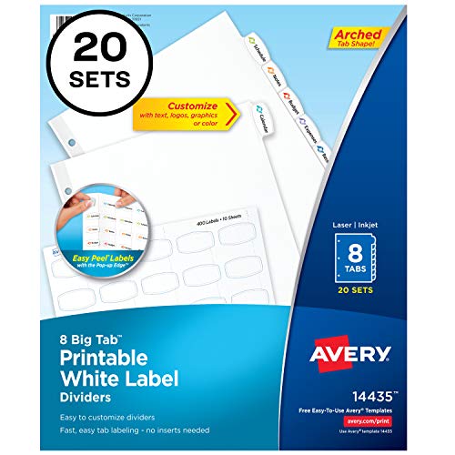 Avery Big Tab Printable White Label Dividers with Easy Peel, 8 Tabs, 20 Sets, 6 Packs (14435)