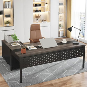 Tribesigns Executive Office Desk and Lateral File Cabinet Combo, L-Shaped Business Furniture, Grey & Black