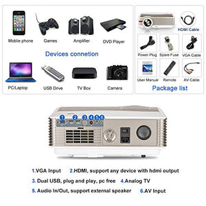 EUG Movie Projector LCD LED 5000 Lumen 8000:1 Contrast/1280x800/Support Full HD 1080P Home Video Projector HDMI USB AV DVD Computer TV Stick Game Console with Speaker/Zoom/Keystone