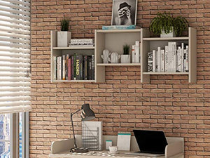 Manhattan Comfort Hampton Modern Home Basic Furniture Office Set with Writing Desk, Bookcase, and Floating Wall Décor Shelves, 3 Piece, Off White