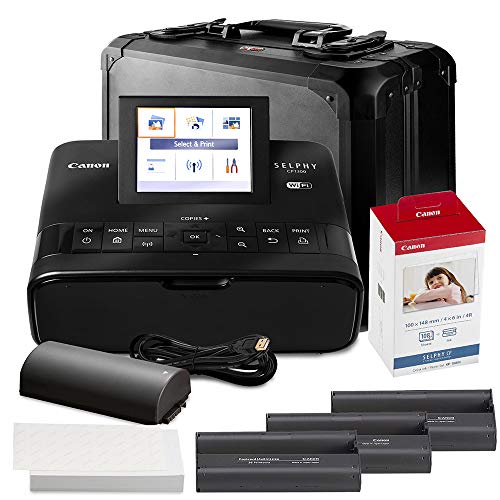 Canon SELPHY CP1300 Compact Photo Printer (Black) with WiFi w/Canon Color Ink and Paper Set + Case + Battery