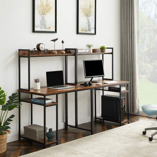 Home Office Double Workstation Desk, Two Person Computer Desk with Storage, Spacious Tabletop, Multifunction Writing Desk with Shelf（Brown）