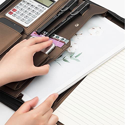 KGEZW A4 Leather Portfolio Binder Padfolio Organizer with Calculator Zipper Briefcase Notebook File Folder (Color : A)