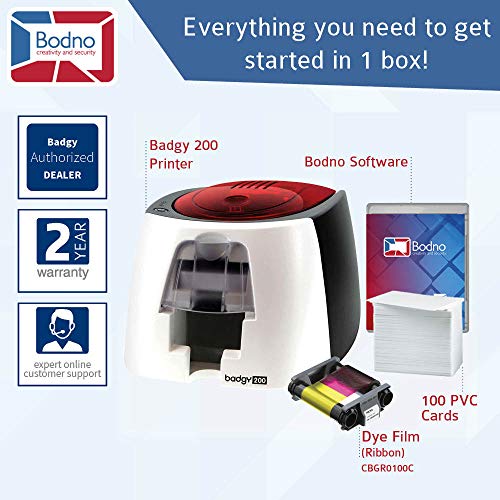 Badgy200 Color Plastic ID Card Printer with Complete Supplies Package with Bodno ID Software - Bronze Edition