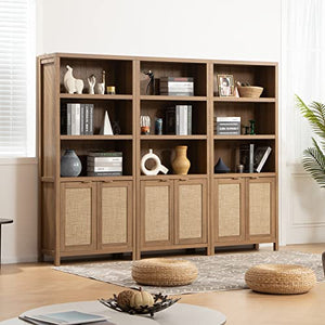 SICOTAS 5 Tier Rattan Boho Bookcase with Doors - Oak