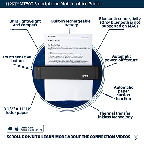 HPRT MT800 Portable Thermal Transfer Printer for Travel 300dpi High Resolution Wireless Printer for Android and iOS Phone Compatible with Windows Linux and MAC Convenient for Home Studying