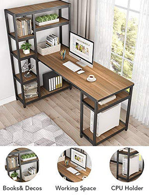 Tribesigns 67" Reversible Large Computer Desk with 9 Storage Shelves, Office Desk Study Table Writing Desk Workstation with Hutch Bookshelf for Home Office, Oak