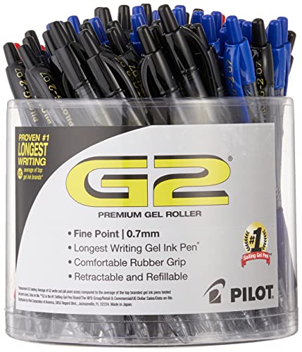 PILOT G2 Premium Refillable & Retractable Rolling Ball Gel Pens, Fine Point, Black/Blue/Red Inks, Pack of 2 Tubs (144 Total) (56077)