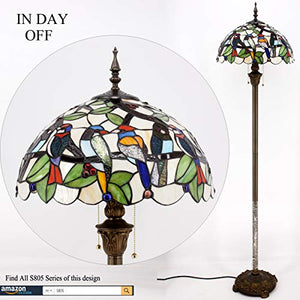 WERFACTORY Tiffany Floor Lamp Double Birds Amber Stained Glass 16X16X64 Inches Antique Pole Corner Lamp - S805 Series