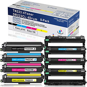 8 Pack (1BK+1C+1M+1Y) TN-223 TN223 Toner Cartridge + (1BK+1C+1M+1Y) DR-223CL DR223CL Drum Unit Compatible Replacement for Brother MFC L3750CDW L3730CDW HL 3230CDN 3290CDW DCP L3510CDW L3550CDW Printer