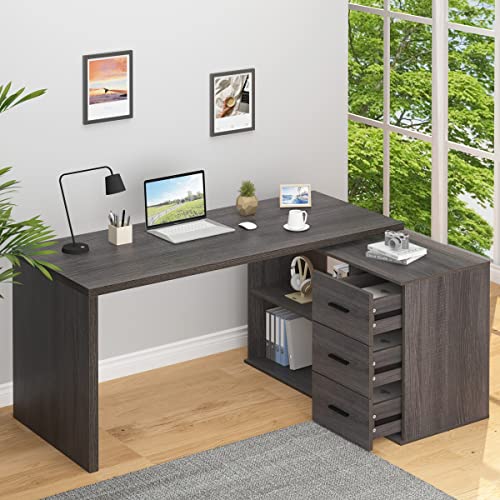 HSH L Shaped Computer Desk with Drawers, 360 Rotating, Industrial Home Office Desk - Dark Wood, 55 Inch