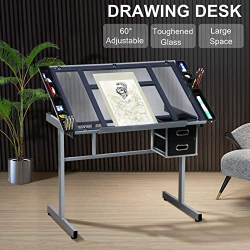 DXXWANG Adjustable Drafting Table Drawing Table Craft Art Desk Glass Desktop w/2 Drawers