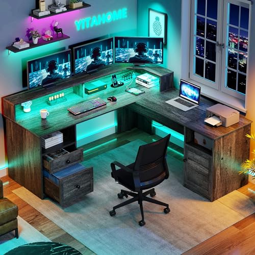 YITAHOME L Shaped Desk with Power Outlets & LED Lights, 60”, Grey