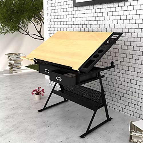 GOTOTOP Tiltable Tabletop Height Adjustable Drafting Draft Desk Drawing Table Desk Tiltable Tabletop with Stool and Storage Drawer for Reading, Writing Art Craft Work Station