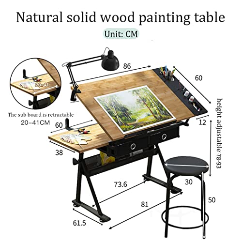 VejiA Adjustable Drawing Table with Tiltable Tabletop, 2 Storage Drawers, Stool - Art Desk Drafting Table for Home and Office Use