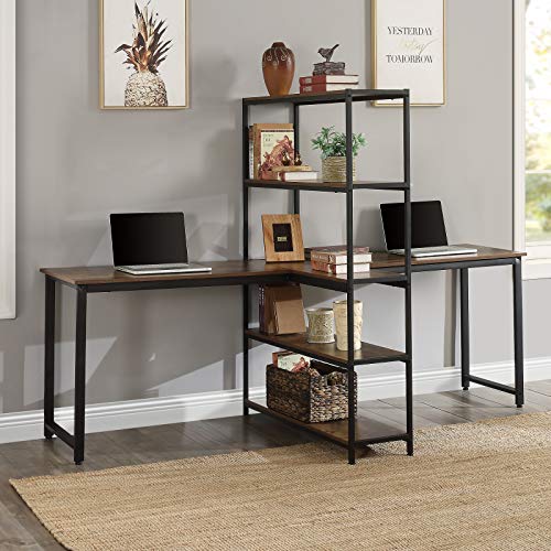 hebaotong Two Person Computer Desk with Shelves, 90 Inch Extra Large Workstations Office Desk, Large Office Desk Study Writing Table with Storage Shelves for Home Office, Vintage Walnut