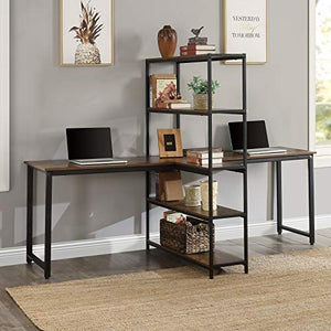 PovKeever Home Office Two Person Computer Desk with Shelves, Extra Large Double Workstations Office Desk with Storage Shelves (Brown)