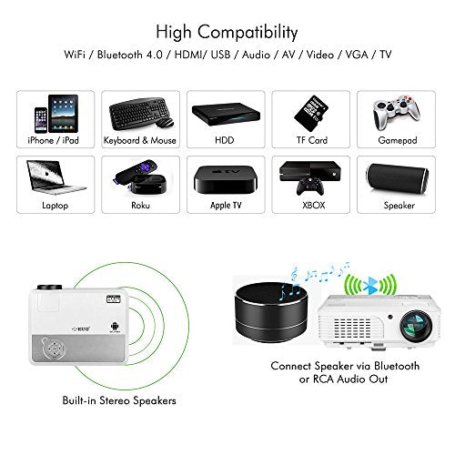 Wireless Bluetooth Projector Android WiFi 4400lm HD LED LCD Smart Video Proyector Support 1080P Airplay HDMI USB RCA VGA AV for Home Theater TV Outdoor Movie Smartphone DVD Game Consoles Laptops