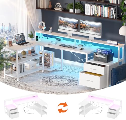 Aheaplus L Shaped Desk with File Drawer, Power Outlet, LED Strip - 72.8" Reversible Gaming & Office Corner Desk