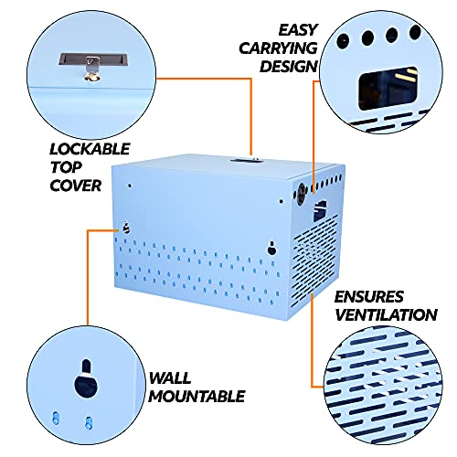 16-Unit Charging Cabinet for Laptops & Tablets - Locking Laptop Storage Box for Classroom, Library, and Office - Cable Management, Charger Storage, and Ground Protection (Blue)
