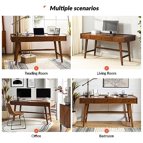 HULALA HOME Home Office Desk with 3 Drawers, Solid Wood Legs, Charging Station, Cable Management - Mid Century Modern Writing Table - Walnut